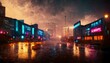 The streets in a fantasy city, with blue and orange light tint,  neon lights, cinematic atmosphere.
