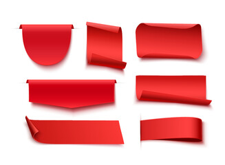 Poster - Red blank tags, labels or badges are isolated on white background. Different shape curved ribbons