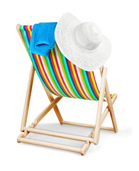 Wall Mural - Deckchair isolated with hat and towel  on a white background