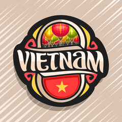 Wall Mural - Vector logo for Vietnam country, fridge magnet with vietnamese state flag, original brush typeface for word vietnam and national vietnamese symbol - colorful paper lanterns on blue sky background