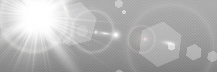 Poster - Special lens flash, light effect. The flash flashes rays and searchlight. illust.White glowing light. Beautiful star Light from the rays. The sun is backlit. Bright beautiful star. Sunlight. Glare.