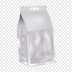 Paper bag with clear plastic window and euro slot hanger on transparent background vector mockup. Blank white package mock-up. Template for design