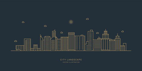Sticker - cityscape. modern flat line landscape vector. city landscape line art illustration with building, to