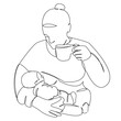 mother is breastfeeding and drinking tea