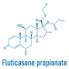 Sticker - Fluticasone propionate corticosteroid drug molecule. Skeletal formula.