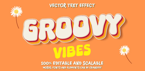 Leinwandbilder - Groovy text effect, editable vintage and retro text style. Editable trendy groovy lettering vector design on orange background with vector flowers. Ready to use for graphic tee, logo, poster, banner