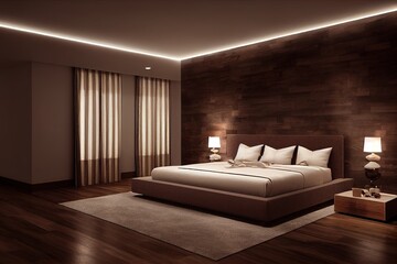 Poster - 3d rendering a luxury bedroom interior with dark tone style. stone and wood headboard and wooden flo