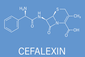 Sticker - Cefalexin antibiotic drug molecule (cephalosporin, first generation). Skeletal formula.