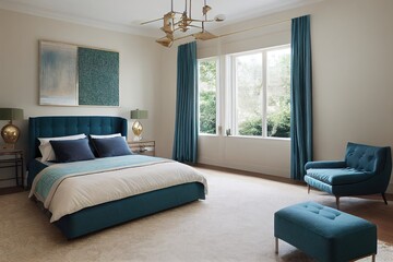 Blue, beige and emerald green bedding on king size bed in contemporary bedroom interior with golden accents