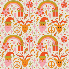 Wall Mural - Seamless pattern with retro 70s style Christmas elements with poinsettia flower and a rainbow. Merry Christmas holiday. Winter simple minimalist background with peace symbol. 1970 good vibes. 