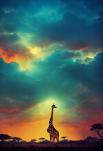 Colorful Image Of A Giraffe. Giraffe In The Sun On A Safari. Blue Sky And Wild Animals.