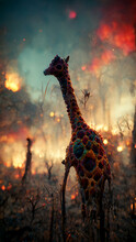 Giraffe During A Fire. A Giraffe Escaping From A Cataclysm. Wild Animals Fleeing A Fire. Apocalypse Among Wild Animals.