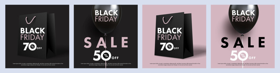 Wall Mural - Black Friday Sale banners. Posters Set in black and pink colors with 3d realistic helium balloons, black paper bag and modern typography. Modern template for print, advertising, social and fashion ads