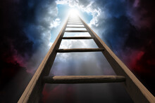 Wooden Ladder Rise Beyond Dark Clouds Leading Up To Heaven