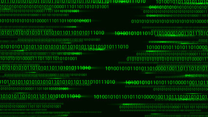 Poster - Green matrix or binary code on the dark background with different numbers and light. Big data visualization. Digital texture backdrop. Vector illustration.