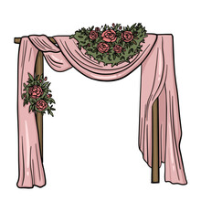 Wedding Arch. Hand Drawn Vector Doodle Illustration Of Pink Wedding Arch Decorated With Roses Flowers. Design For Wedding Cards, Invitations, Backgrounds, Maps. 