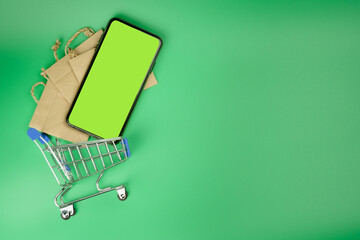 add to cart and shopping from home with flat lay shopping object and activity on green screen background