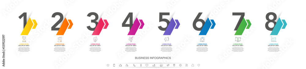 Vector timeline infographics with eight steps, icons, flowchart ...