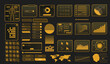 © Mykola - A vector set of futuristic user interface elements and data visualizations. The design includes graphs, buttons, icons, and a world map in a monochromatic orange-yellow color scheme