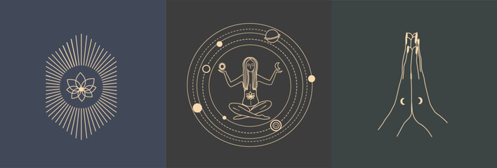 Wall Mural - Set of linear vector illustrations. Hand drawn illustrations depicting woman, hands, planet. decoration in modern style. magical drawings. Woman in the lotus position.
