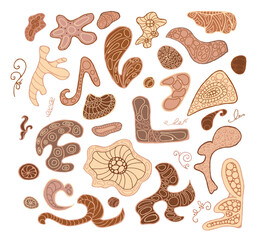 Fototapete - set of abstract shapes and figures drawn by hand. Isolated design elements on white background. Vector illustration of brown color. Objects for patterns, creative design, background, wallpaper.