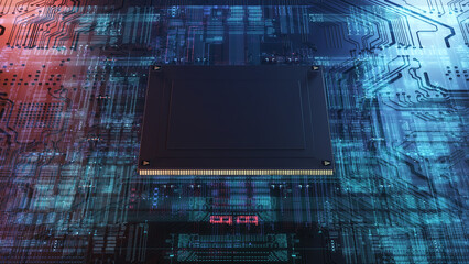 Aufkleber - High Technology CPU on a Complex Circuit Microchip Board Surface. Digital close-up of a high-tech microchip and electronic circuits, symbolizing innovation and modern technology. 3d rendering