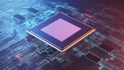 Aufkleber - High Technology CPU on a Complex Circuit Microchip Board Surface. Digital close-up of a high-tech microchip and electronic circuits, symbolizing innovation and modern technology. 3d rendering