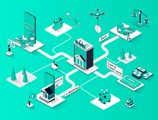 Aufkleber - Banking services isometric web banner. Digital wallet, e-banking, cash and credit cards flat isometry concept. Financial transactions 3d scene design. Illustration with tiny people characters