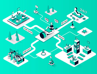 Aufkleber - Call center isometric web banner. Hotline operators in office flat isometry concept. Online customer support consultation all day 3d scene design. Illustration with tiny people characters
