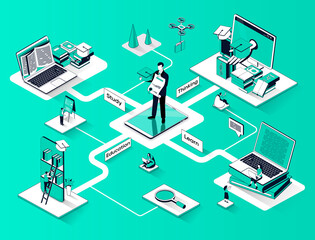 Fototapete - Education isometric web banner. University degree or professional development flat isometry concept. Online studying, courses learning 3d scene design. Illustration with tiny people characters