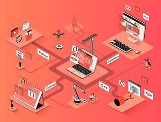 Programming company isometric web banner. Development and creation of software flat isometry concept. Coding and testing application 3d scene design. Illustration with tiny people characters