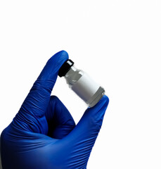 Poster - Researcher holding vaccine vial , vaccination concept. copy space on vial