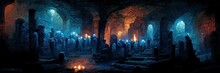 Scary Endless Medieval Catacombs With Torches. Mystical Nightmare. 3D Rendering. Digital Painting