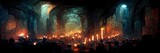 Fototapeta Do przedpokoju - Scary endless medieval catacombs with torches. Mystical nightmare. 3D Rendering. Digital Painting