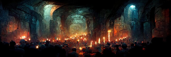 Scary endless medieval catacombs with torches. Mystical nightmare. 3D Rendering. Digital Painting. Generative AI