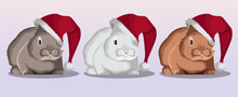 Set Of Different Christmas Bunnies Rabbits. Vector Iillustration Of 3 Elements Of White, Gray, Brown Rabbits In Santa Hats Isolated. Christmas, New Year, Cards, Design, Print Concept.