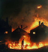 Flaming Houses Burning Down At Night. 3d Render Illustration.