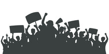 Silhouette Of Protesting Crowd Of People With Raised Hands And Banners. Sports Fan Club. Peaceful Protest For Human Rights. Demonstration, Rally, Strike, Revolution, Riot. Isolated Vector Illustration