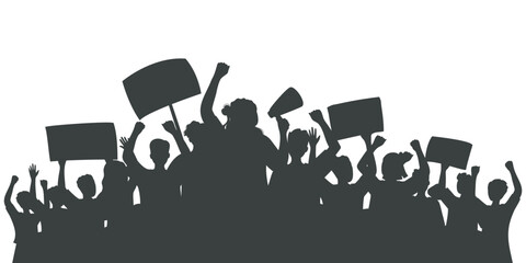 Silhouette of protesting crowd of people with raised hands and banners. Sports fan club. Peaceful protest for human rights. Demonstration, rally, strike, revolution, riot. Isolated vector illustration