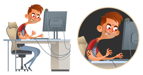 A cartoon computer troll (or maybe a hacker) enjoying his work with a sinister smile. Vector illustration. Оn a dark background and isolated on white. 