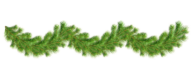 green pine twigs in a christmas garland isolated on transparent background