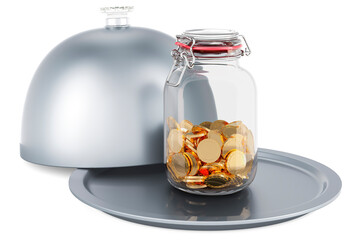 Poster - restaurant cloche with glass jar full of golden coins, 3d rendering