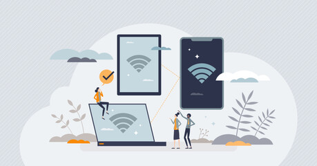 Mobile hotspot connection using mobile phone as router tiny person concept. Share internet public for free with laptop, tablet or cell vector illustration. Digital signal sharing with portable device.