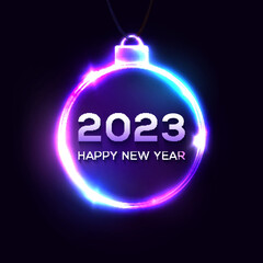 Wall Mural - Happy New Year 2023 neon light sign on dark blue background. Christmas decoration glowing frame with shining celebrating text. Greeting card, banner night club design. Bright vector illustration.