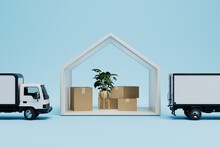 Moving Company Services When Moving. The Frame Of The House With Boxes Inside And Trucks On A Blue Background. 3D Render