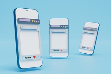 Fototapete - shopping online. smartphones with open browser windows on a blue background. 3D render