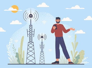 Poster - Communication 5g services. Modern technologies and digital world, wireless connection. Character with smartphone stands next to metal tower. Poster or banner. Cartoon flat vector illustration