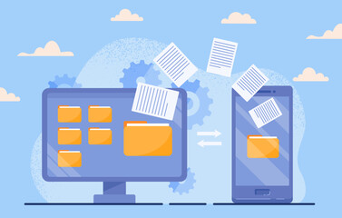 Poster - Data transfer concept. Modern technologies and digital world, cloud storage, archive and online services, information exchange. Remote work and wireless connection. Cartoon flat vector illustration