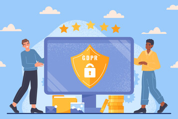 Poster - privacy politics concept. two men next to computer monitor. metaphor for security of personal data o