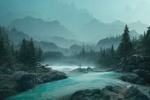 Wild Mountain River Flowing Through The Forest With Vegetation, Soft Clouds. Digital Illustration